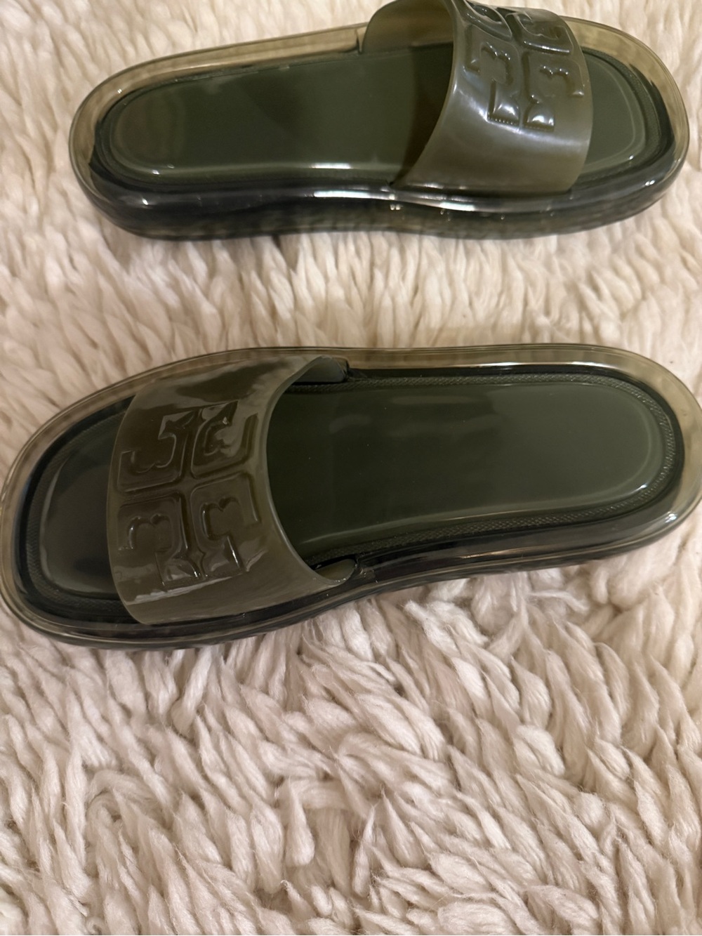 Tory Burch Olive Translucent Logo Slide Sandals - 5 medium - Picture 2 of 7